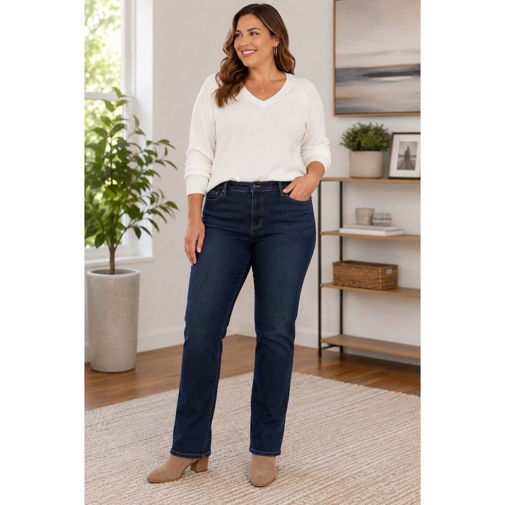 Lands' End Women's Mid Rise Straight Leg Jeans Tall Size 18 Dark Wash Stretch